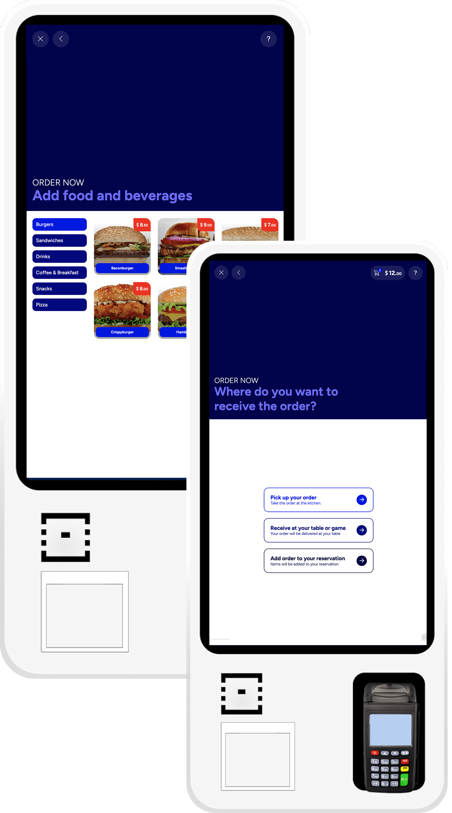 SmartBowl Kiosk Order Now flow with menu categories, item customization and delivery destination