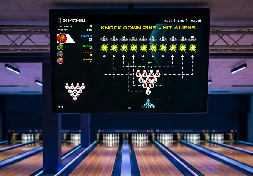 Space Defender main screen with spaceship and alien fleet above the bowling lane