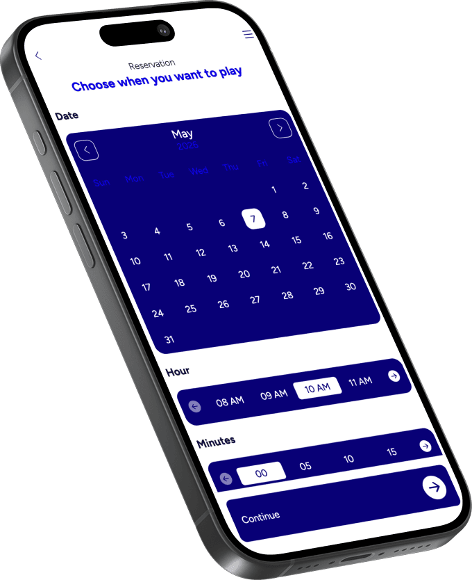 SmartBowl Online Reservation flow with player counters, package selection with game duration and monthly calendar with hour and minute grids
