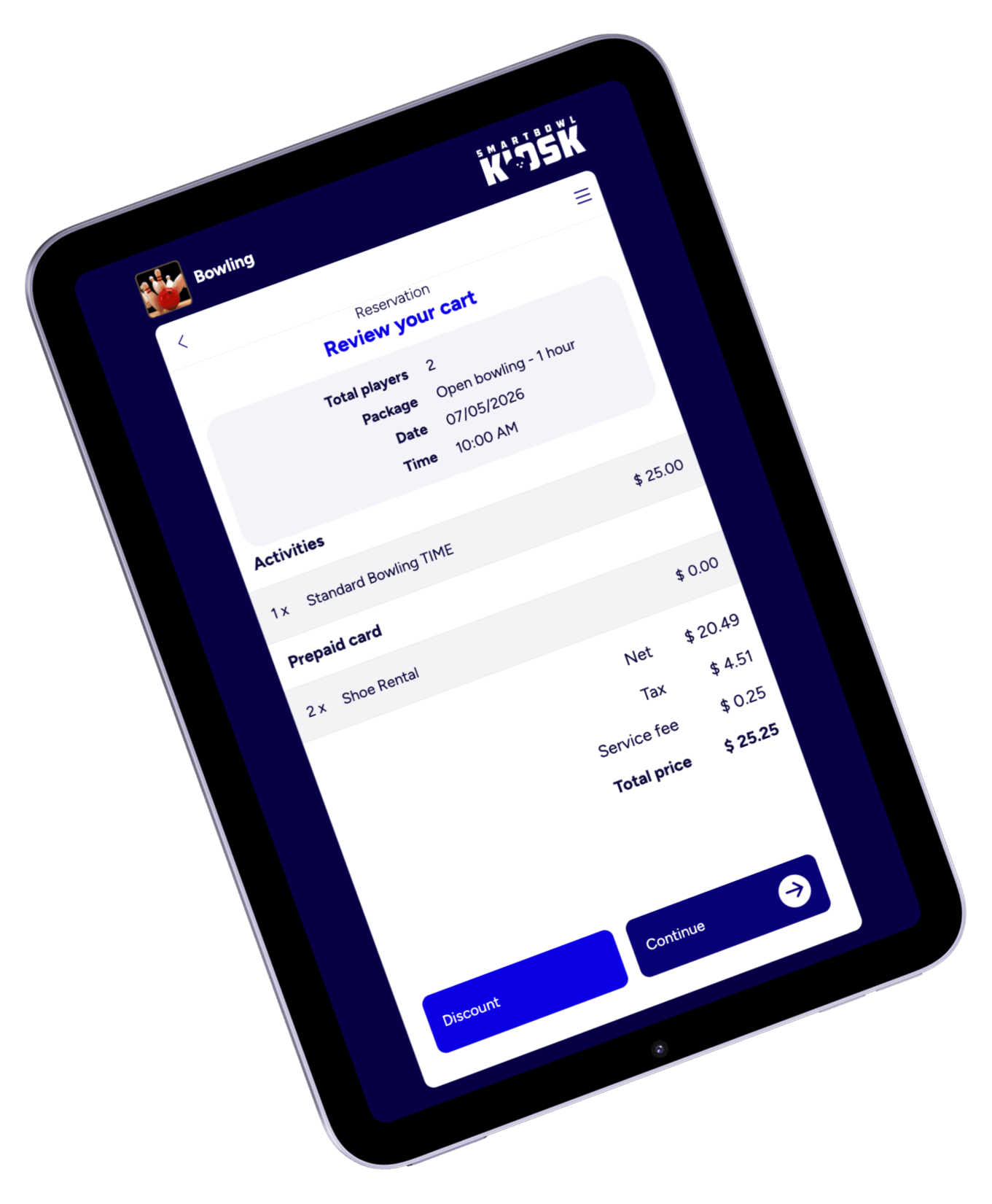 SmartBowl Online Reservation review cart with items, prepaid card, taxes and total price with Discount and Continue buttons